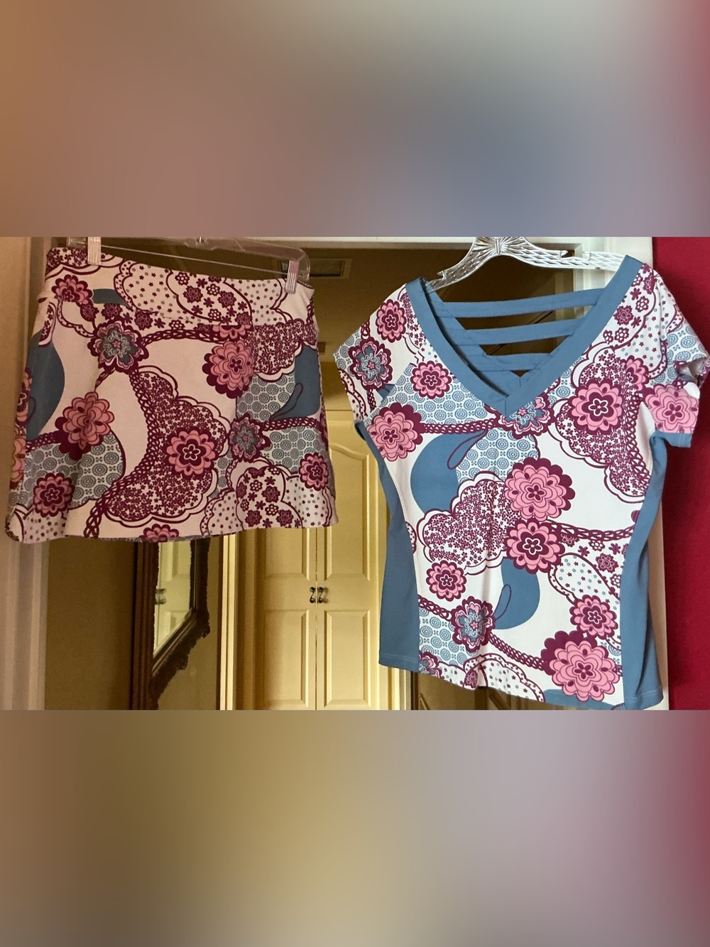 Floral Pattern Mini Skirt - Pink &blue and top to match. Perfect tennis outfit